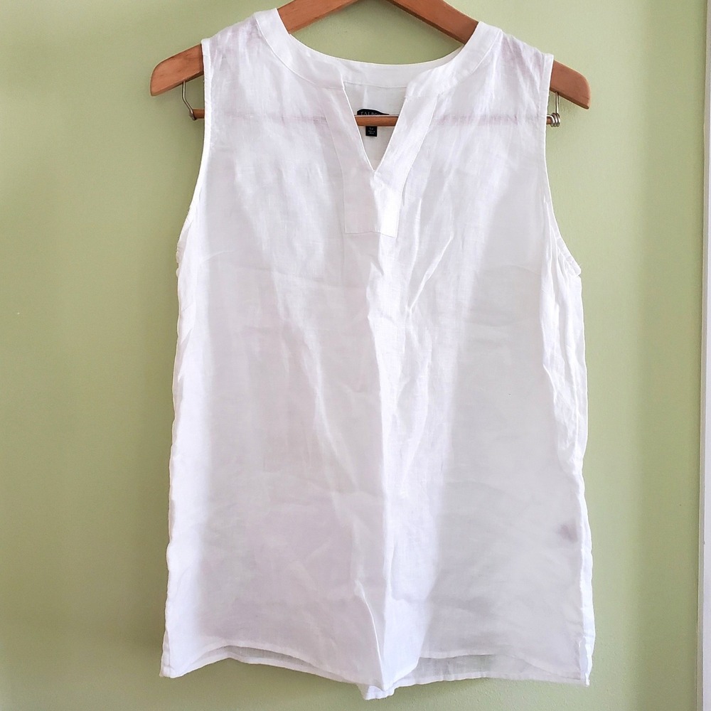 Talbots Petite White 100% Linen Sleeveless Split Neck Blouse Top LP Large Beachy